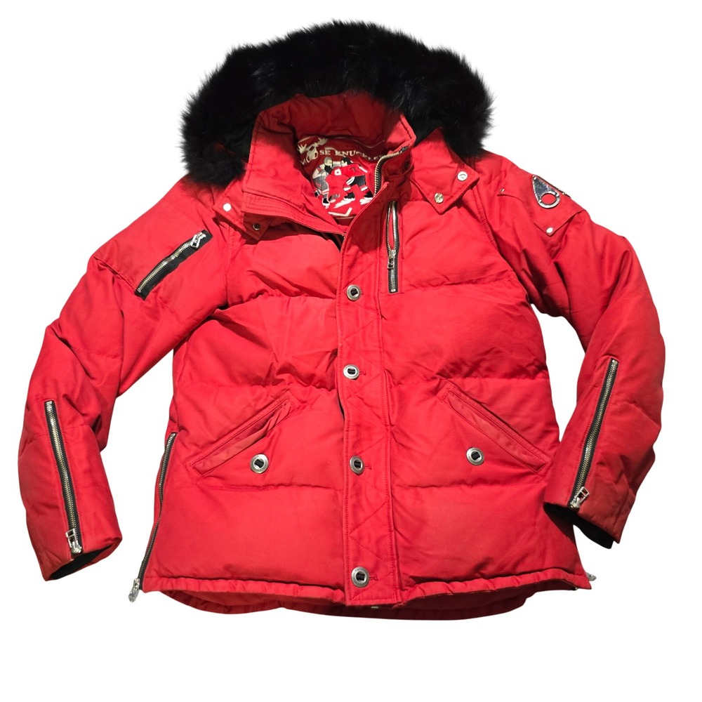 Moose Knuckles 3Q Jacket womens Medium Red Down Fur Hood Metal Logo